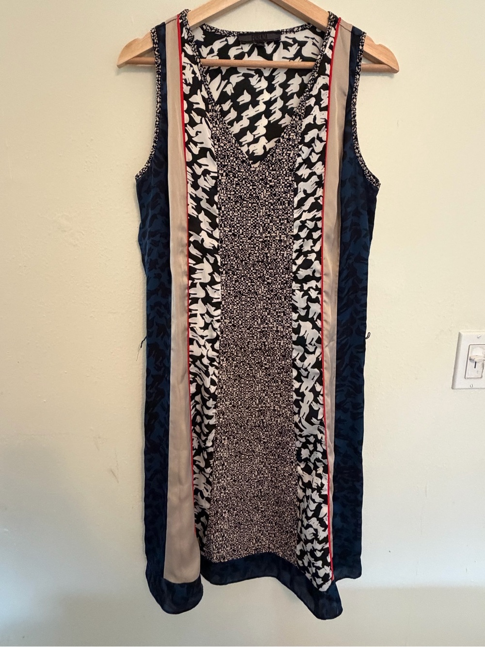 Forenza Navy, Cream and Black Mixed-Print Midi Dress color block silk